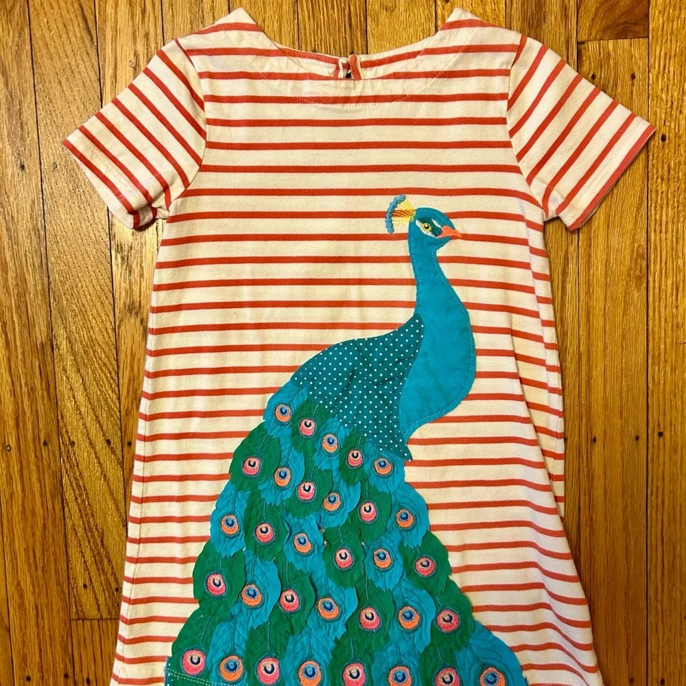 Mini Boden Red and White Striped Dress with Peacock Design - Picture 2 of 4